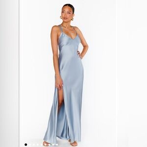 Show Me Your Mumu Anderson Bridesmaid Maxi Dress Steel Blue Luxe Satin